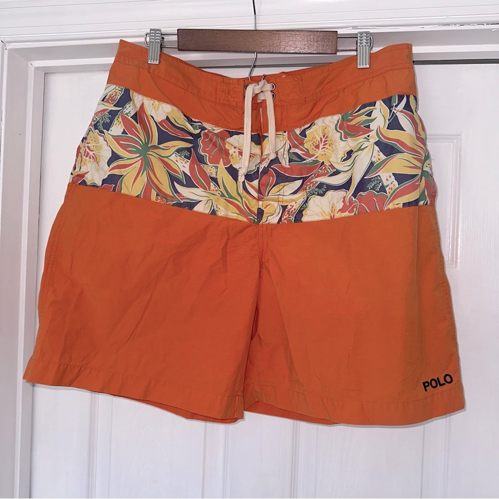 VTG Polo Sport Ralph Lauren Swim Trunks Board Shorts XL Orange Floral Volley RL